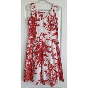 Coldwater Creek Dress Size 6 Linen Red White Abstract Print V Neck Midi